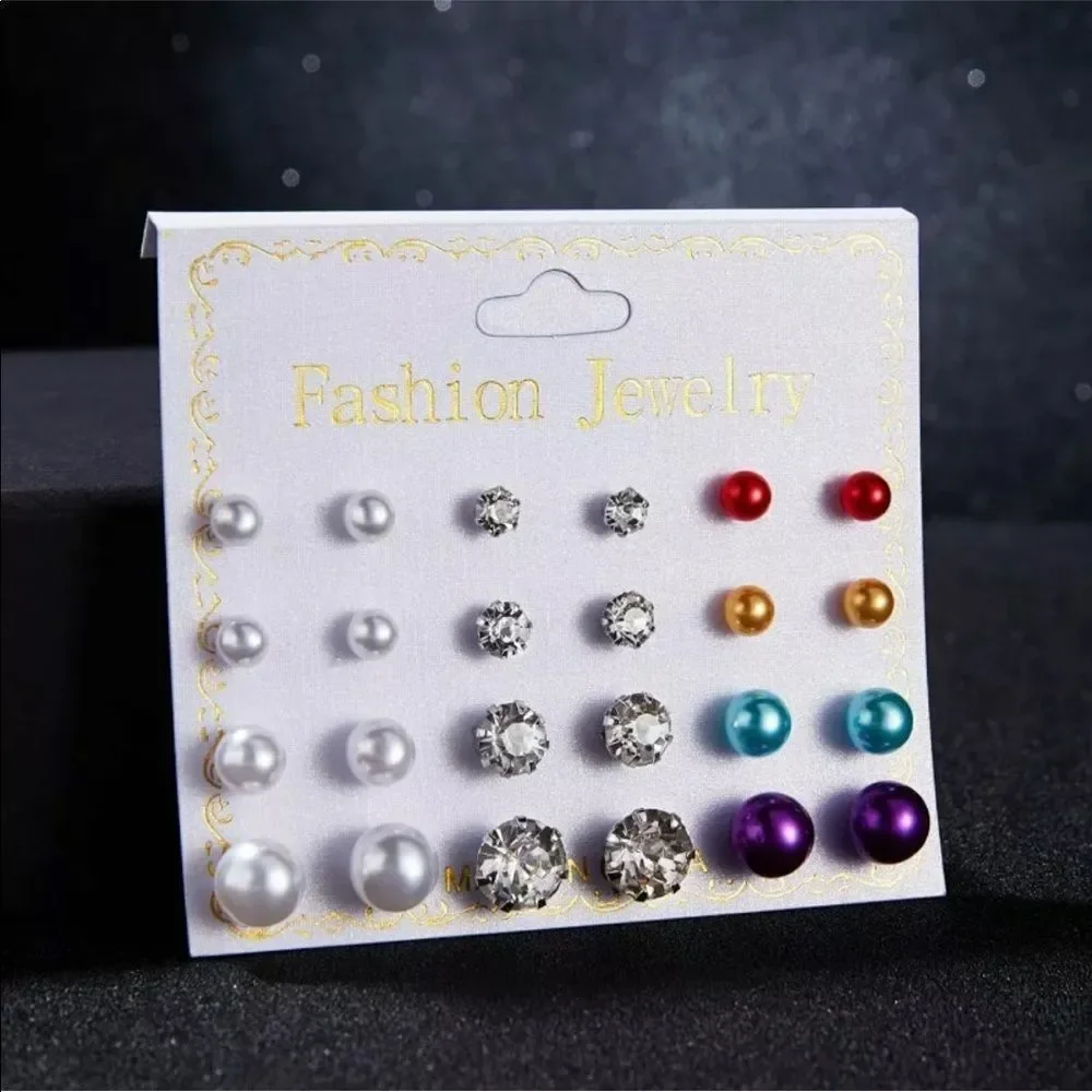 12 Pairs Of Zirconia Crystal Pearl Earrings Set - Picture 3 of 6